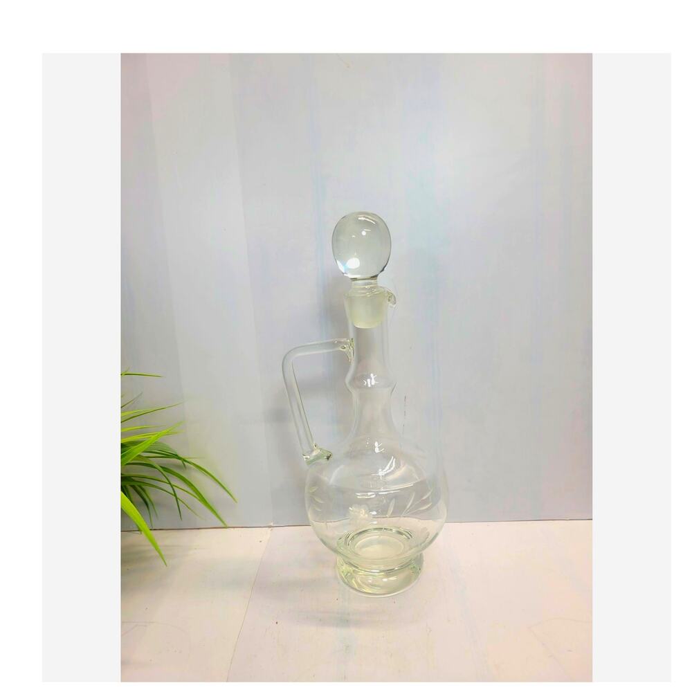 Vintage Etched Glass Wine Decanter Carafe Handle Ball Stopper